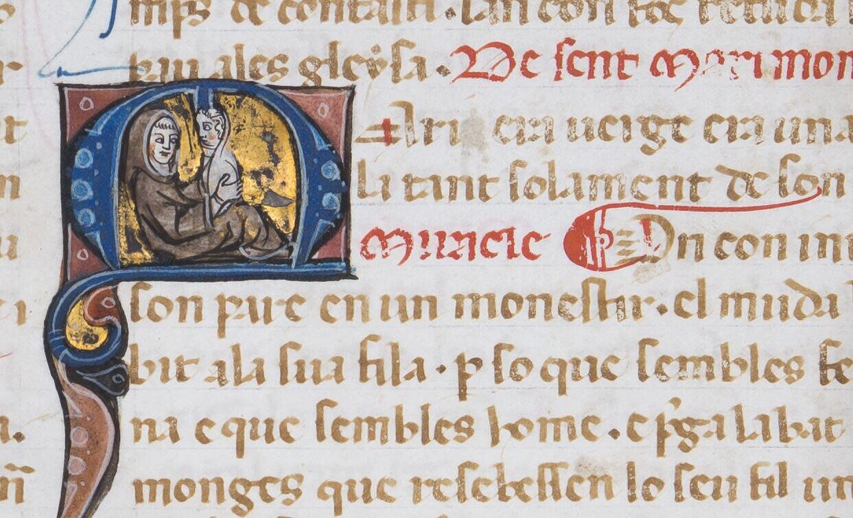 Le frère Marin et son enfant. Légende dorée, BNF Espagnol 44, f. 123v., fin du XIIIe siècle.
